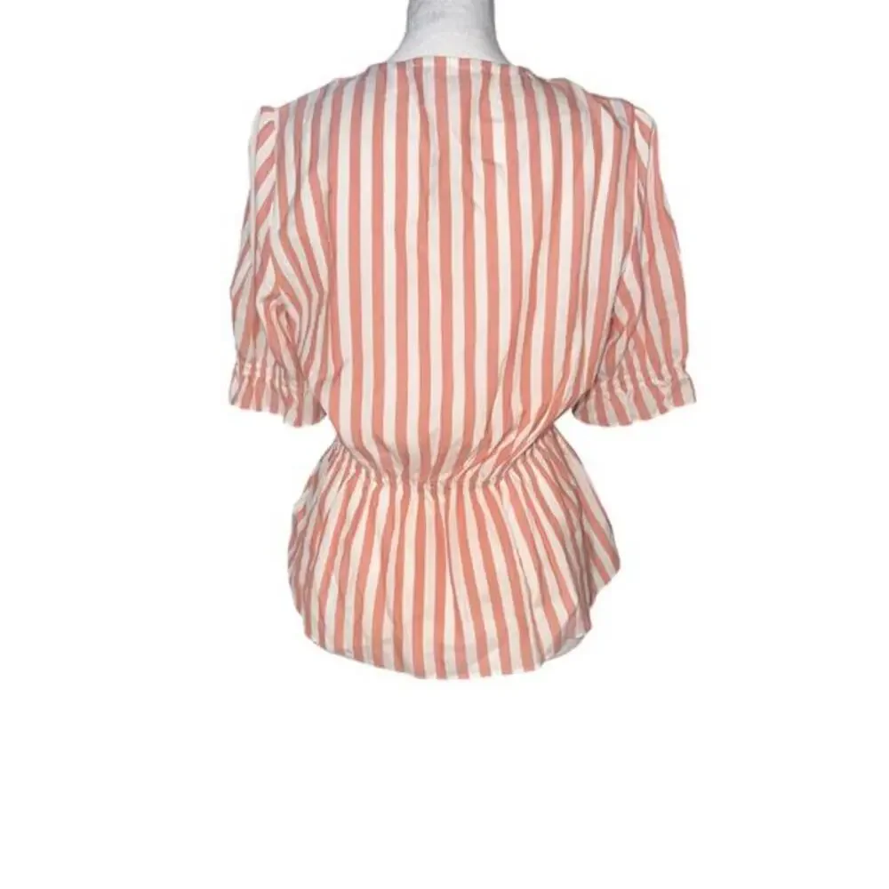 Madewell  White Striped Button Front Peplum Top Puff Sleeve V-Neck NWT XS